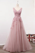 Pink Lace A Line Long Tulle Prom Dresses