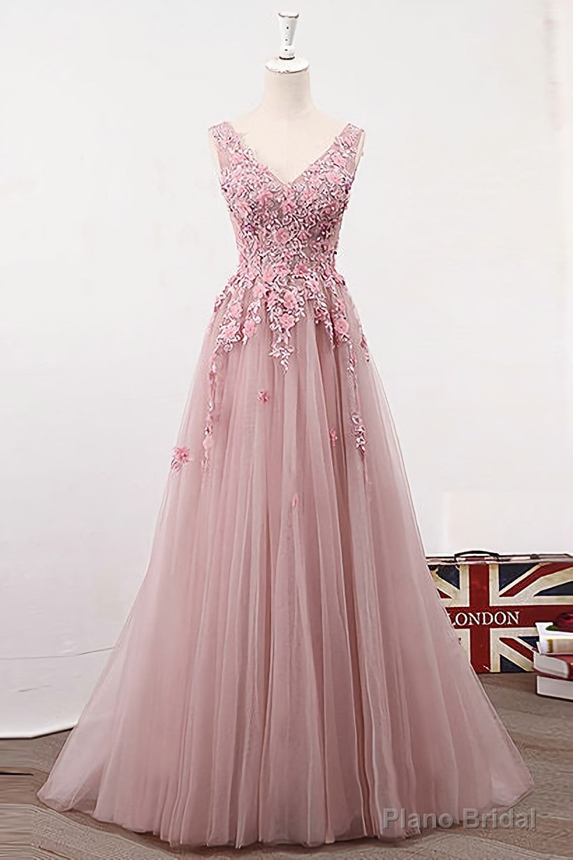 Pink Lace A Line Long Tulle Prom Dresses