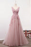 Pink Lace A Line Long Tulle Prom Dresses