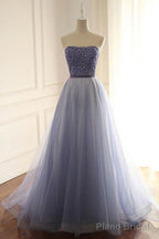 Stylish A Line Strapless Tulle Long With Beading Prom Dresses