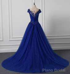 Long Neck Appliqued Wedding Dress Royal Blue Wedding Party Dresses