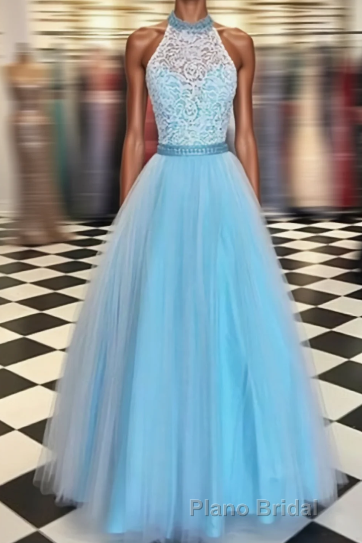 Prety Halter Long Lace Tulle Beding Light Blue For Teens Elegant Formal Prom Dresses