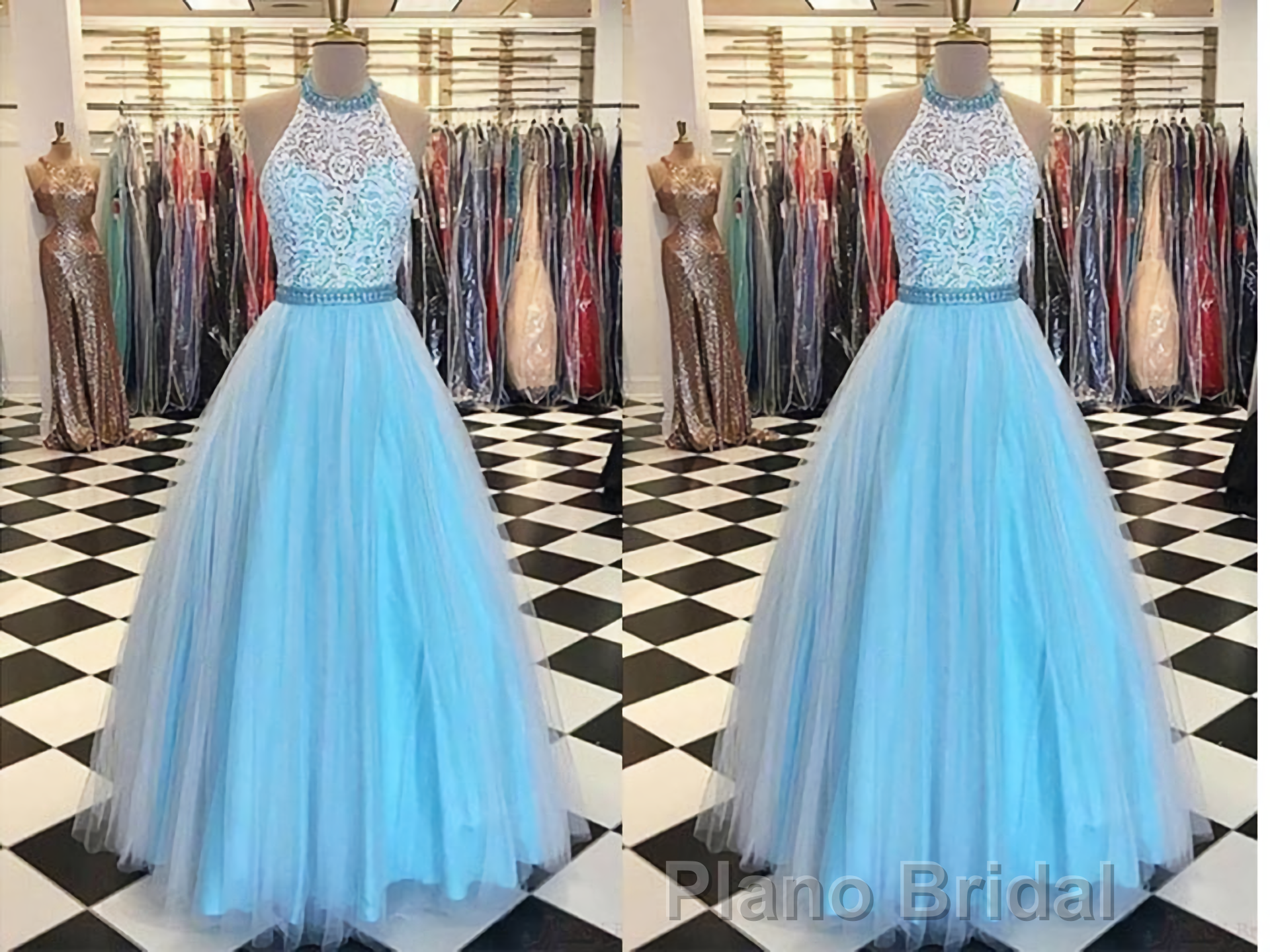 Prety Halter Long Lace Tulle Beding Light Blue For Teens Elegant Formal Prom Dresses