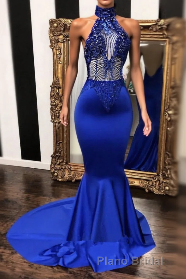 High neck halter beaded royal blue satin . Sleeveless. Illusion beading bodice. Mermaid long with sweep train Formal Prom Dresses