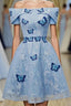 Sky Blue Off Shoulder Lace Short Lace With Butterfly Appliques A Line Off The Shoulder Dc51 Formal Prom Dresses