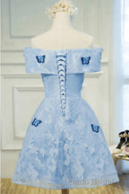 Sky Blue Off Shoulder Lace Short Lace With Butterfly Appliques A Line Off The Shoulder Dc51 Formal Prom Dresses
