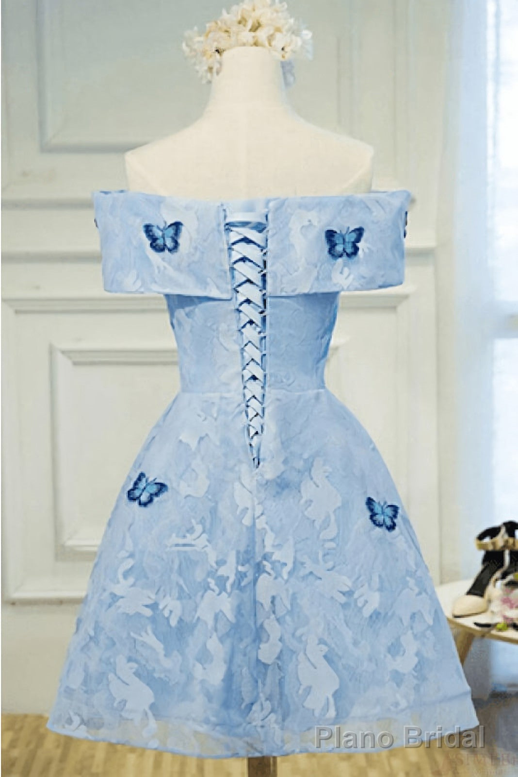 Sky Blue Off Shoulder Lace Short Lace With Butterfly Appliques A Line Off The Shoulder Dc51 Prom Dresses Secondary image