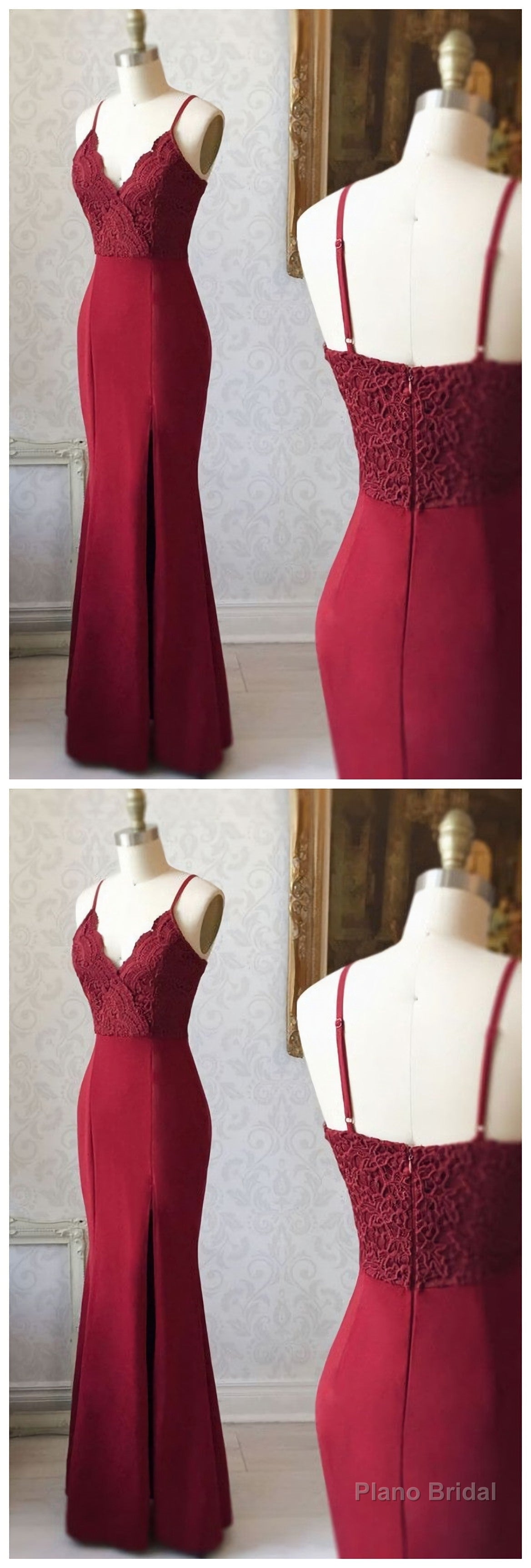 BURGUNDY V NECK LACE MERMAID LONG BURGUNDY Evening Dresses