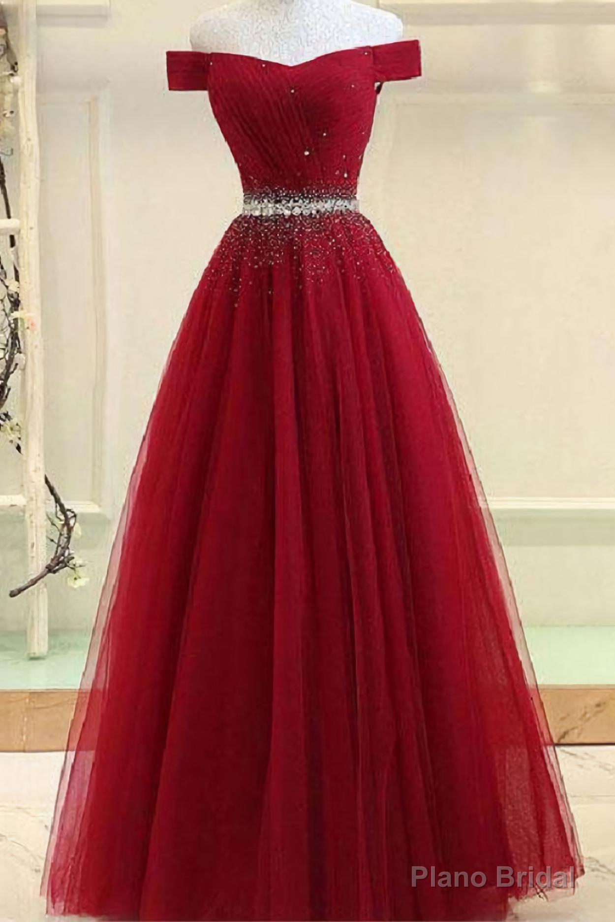 A Line Burgundy Off The Shoulder Lace Up Tulle Sweetheart Long Prom Dresses Main image