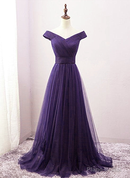 Long Purple A-line Off the Shoulder Tulle Prom Dresses Secondary image