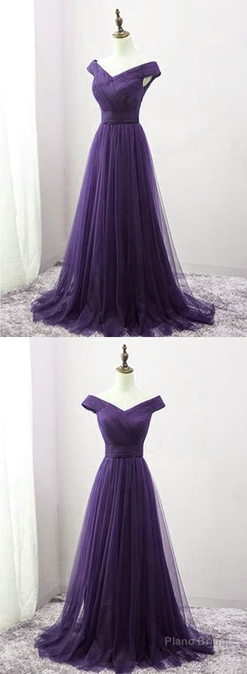 Long Purple A-line Off the Shoulder Tulle Prom Dresses Main image