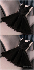 Ruby Outfit black mini sleeveless women v-neck tulle fashion applique beaded Homecoming Dresses