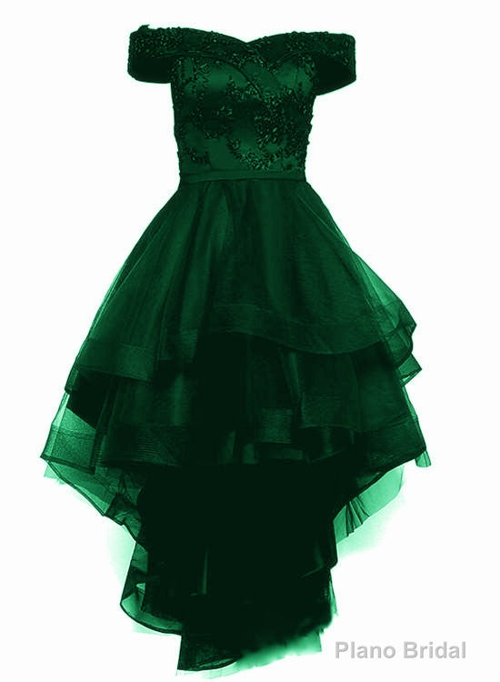 Green Tulle Cute High Low Off Shoulder Prom Dresses