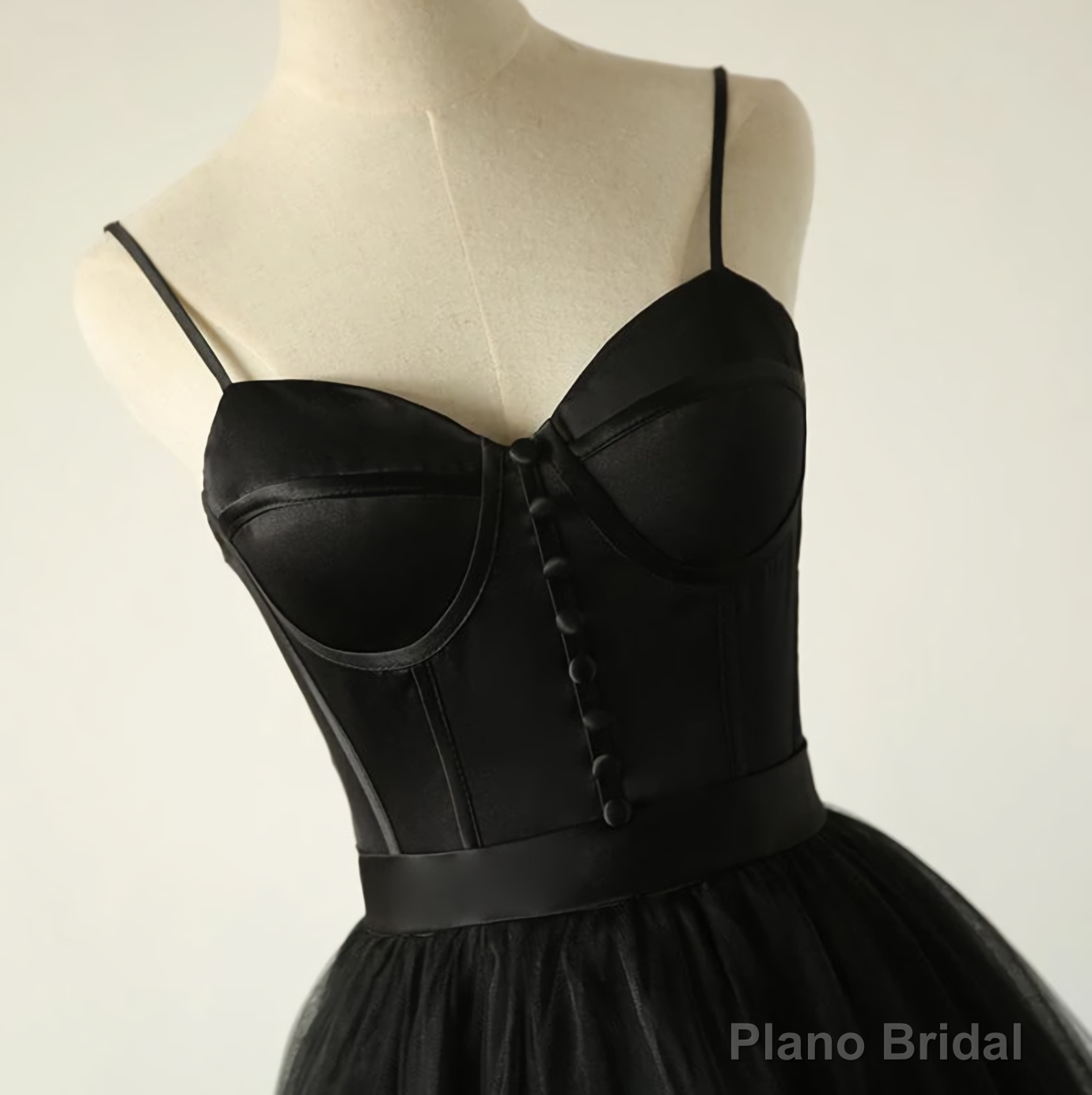 Ball Gown Spaghetti Straps Black Tulle Prom Dress, Long Brush Sweep Train Prom Dress