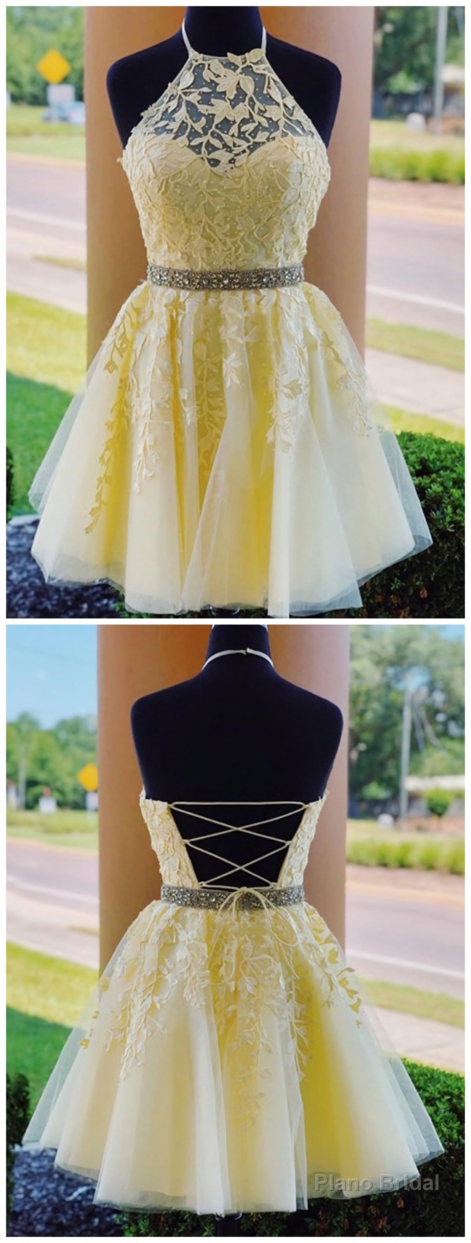 Charming A-Line Halter Cross Back Yellow Tulle Short with Appliques Homecoming Dresses Secondary image