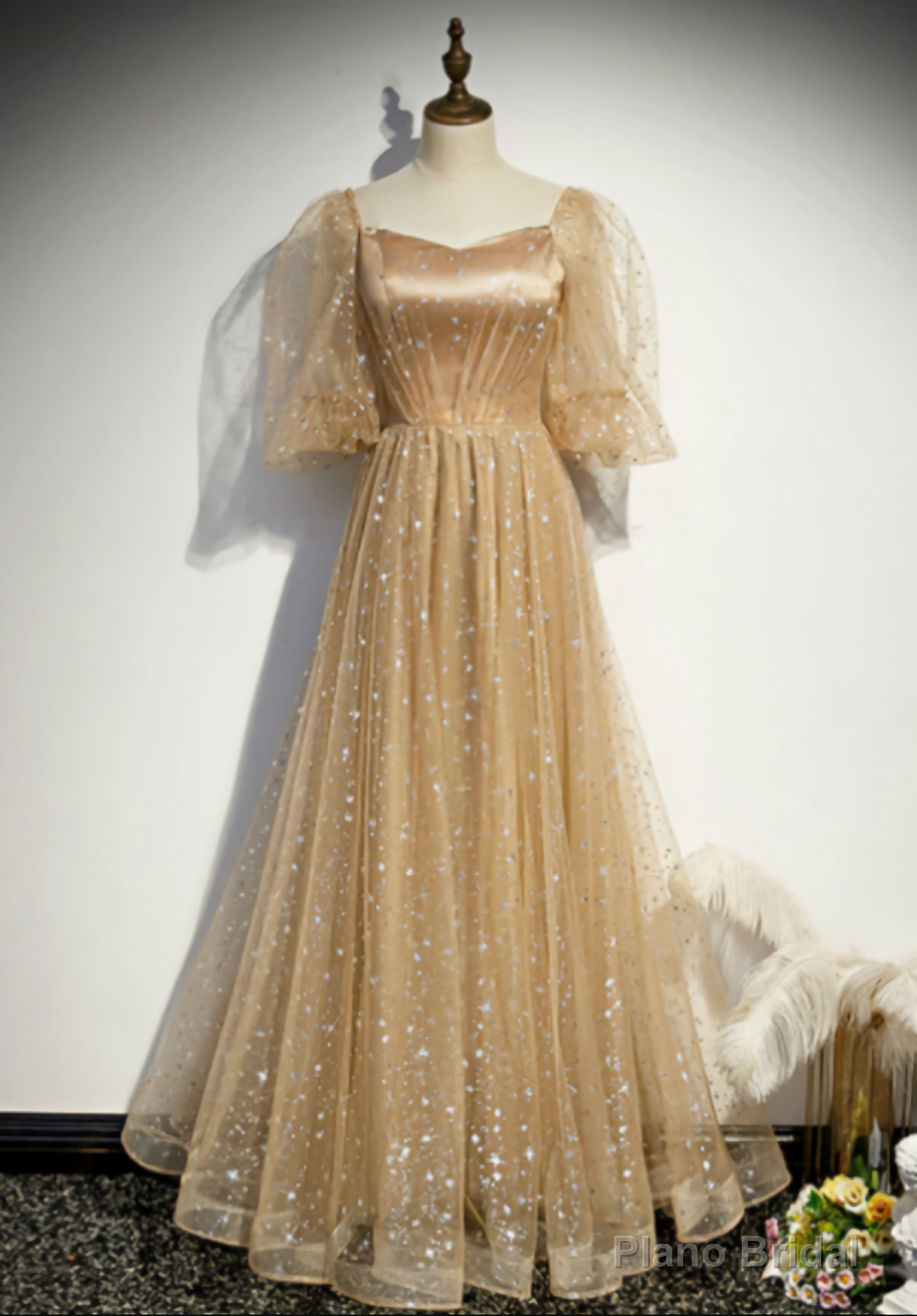 Tulle Embroidery Puff Sleeve Prom Dresses