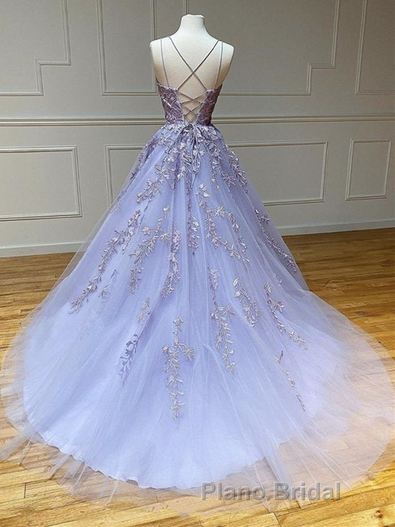 Long Backless Lavender Lace Formal Prom Dresses