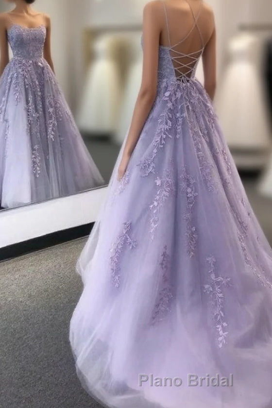 Lavender Backless Tulle Lace Long Formal Prom Dresses