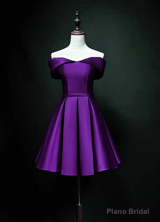 Cute Short Sweetheart Satin Off Shoulder Purple Short Prom Dresses Main image