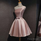 Cute Pink Satin Short Simple Knee Length Pink Short Prom Dresses