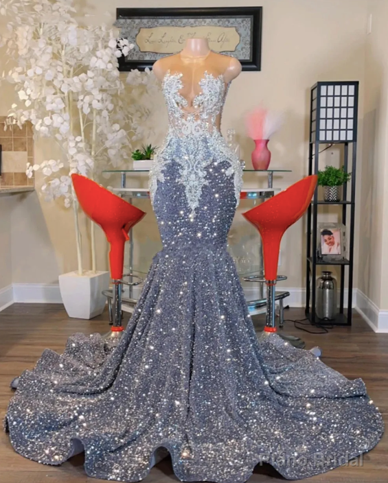 O Neck Silver Prom Dresses, Plus Size Sparkly Prom Dress, Beaded Applique Prom Dresses Main image