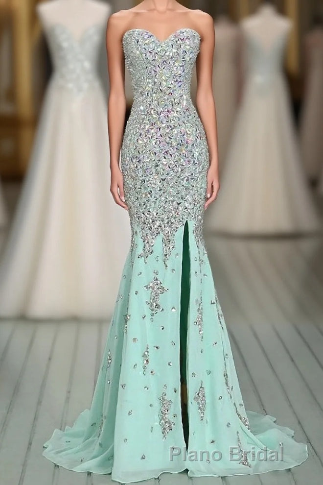 High Quality Mermaid Rhinestones Long Sexy Sweetheart Front Split Mint Chiffon Trumpet 2024 Formal Prom Dresses