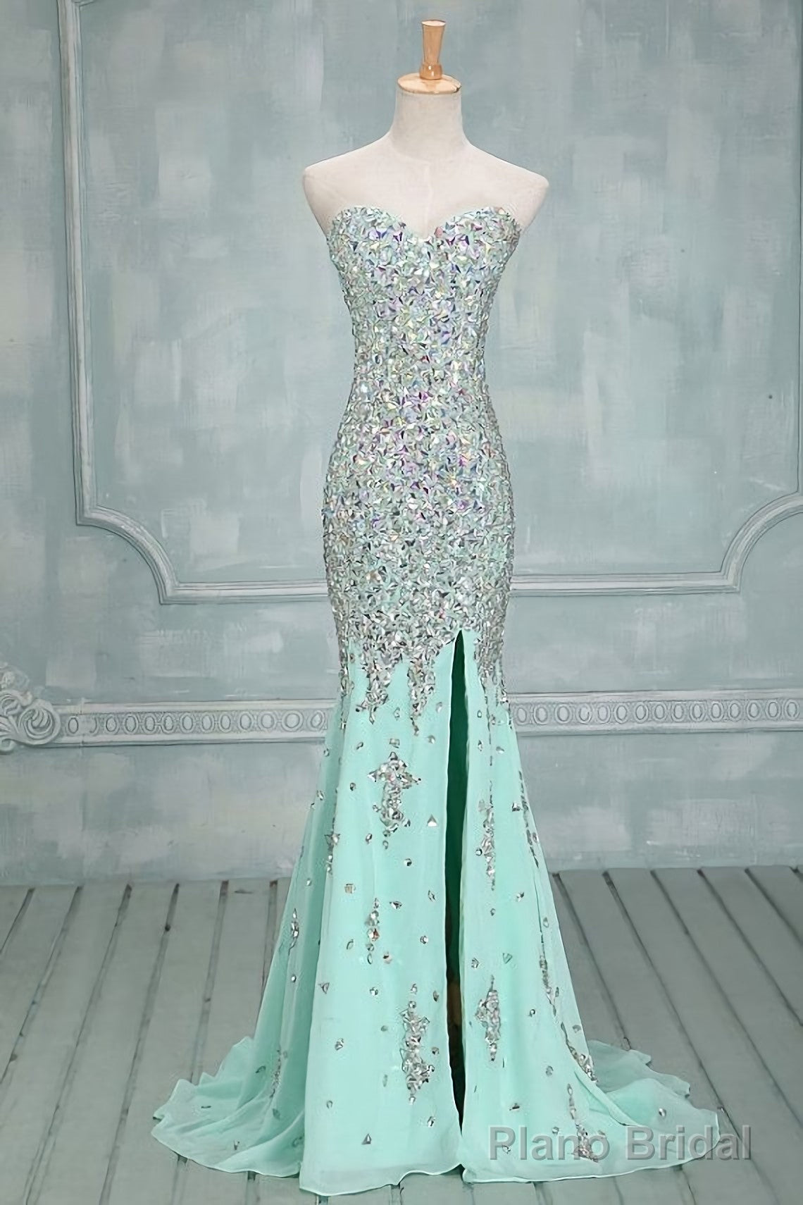 High Quality Mermaid Rhinestones Long Sexy Sweetheart Front Split Mint Chiffon Trumpet 2025 Prom Dresses Main image