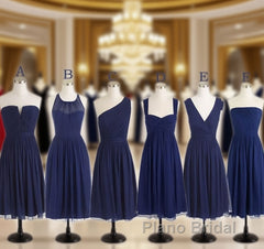 Short Navy Blue Chiffon Mismatch Maid Of Honor Girls Group In Knee Length Simple Cheap Formal Prom Dresses