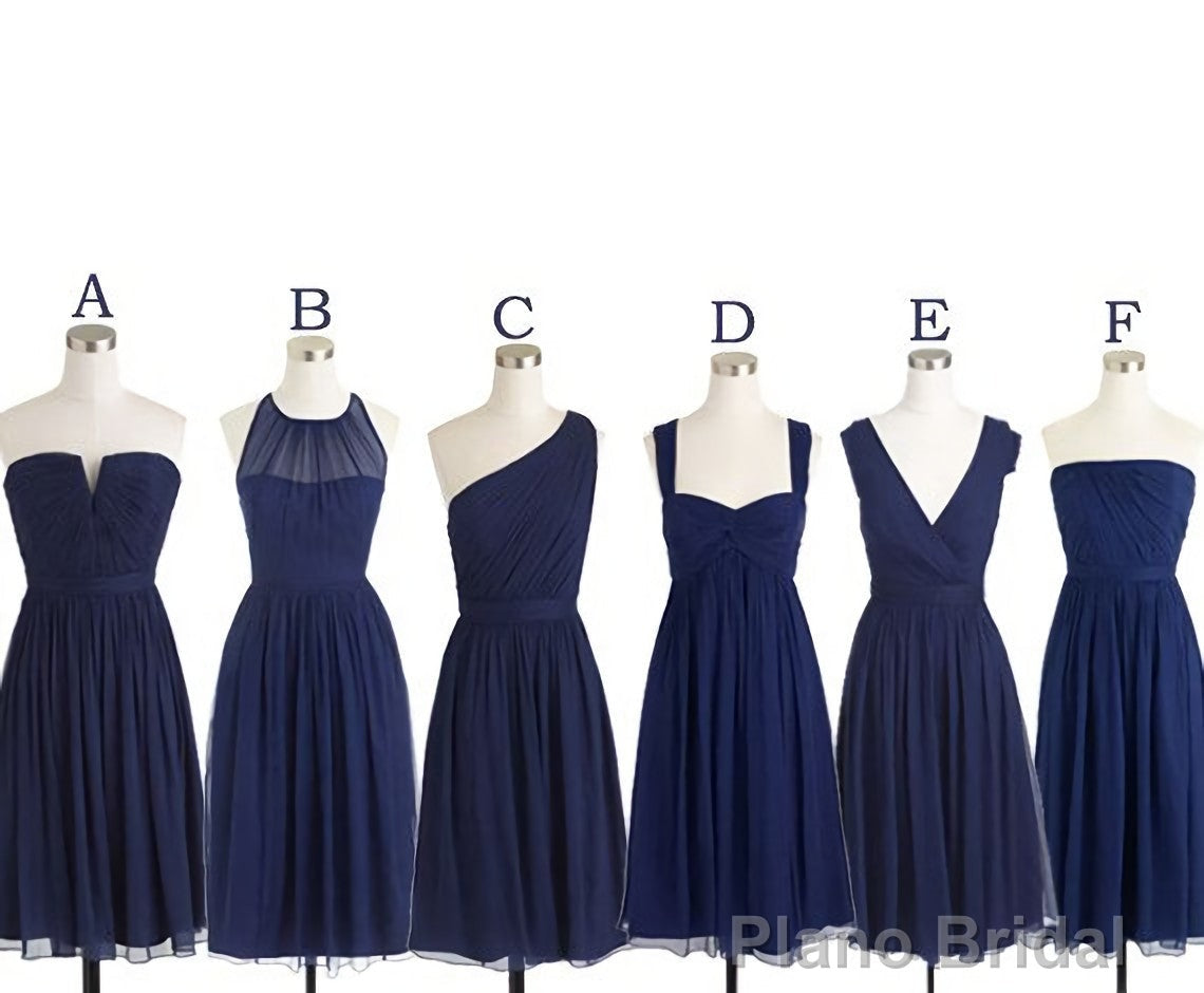 Short Navy Blue Chiffon Mismatch Maid Of Honor Girls Group In Knee Length Simple Prom Dresses Main image