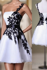 Hot Sales Vintage Black Lace White Organza Short One Shoulder Belt Custom Made Hd021 Formal Prom Dresses