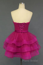 Hot Pink Organza Sweetheart Neckline Short Beadings Belt Tiered Rose Red Layers Formal Prom Dresses