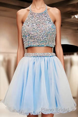 Two Pieces Light Blue Short High Neck Open Back Rhinestones Mid Section Sky Blue Formal Prom Dresses