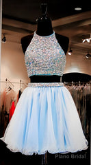 Two Pieces Light Blue Short High Neck Open Back Rhinestones Mid Section Sky Blue Prom Dresses