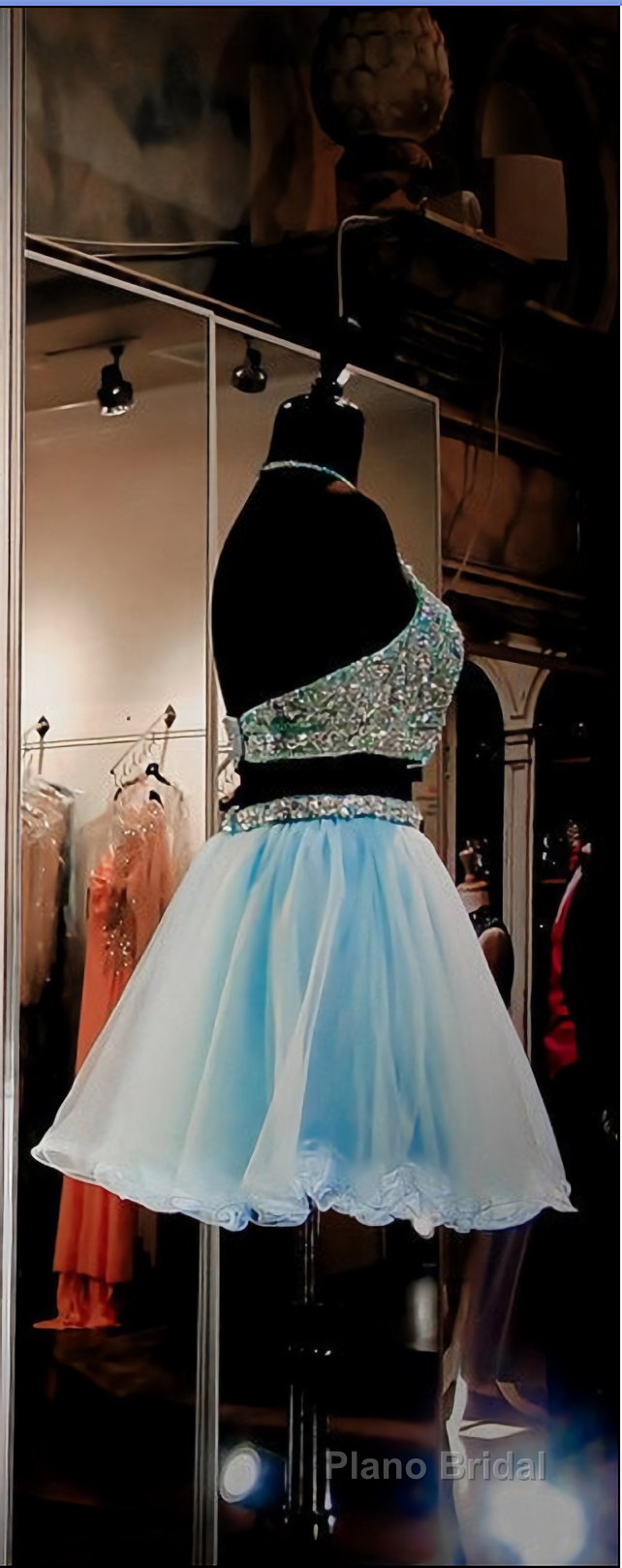 Two Pieces Light Blue Short High Neck Open Back Rhinestones Mid Section Sky Blue Formal Prom Dresses Secondary image