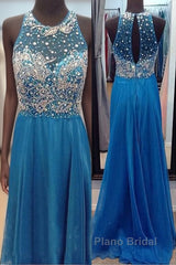High Neck See Through O Back Dark Blue Chiffon Long Open Back Beaded Crystal A Line Bodice Sexy Formal Prom Dresses