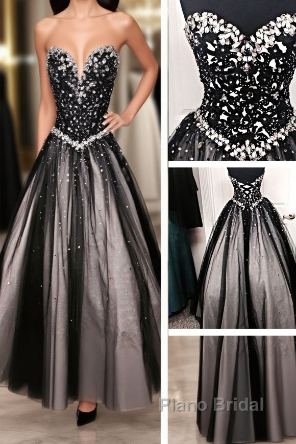 Black White Tulle Long Sweetheart Beaded Bodice For Teens Juniors Formal Prom Dresses