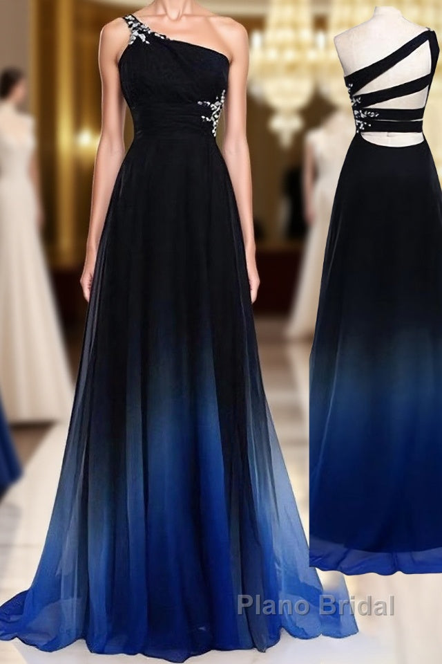 One Shoulder Navy Blue Royal Blue Ombre Gradient Color Chiffon Long Ombre For Sweet 16 Formal Prom Dresses Main image