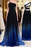 One Shoulder Navy Blue Royal Blue Ombre Gradient Color Chiffon Long Ombre For Sweet 16 Formal Prom Dresses