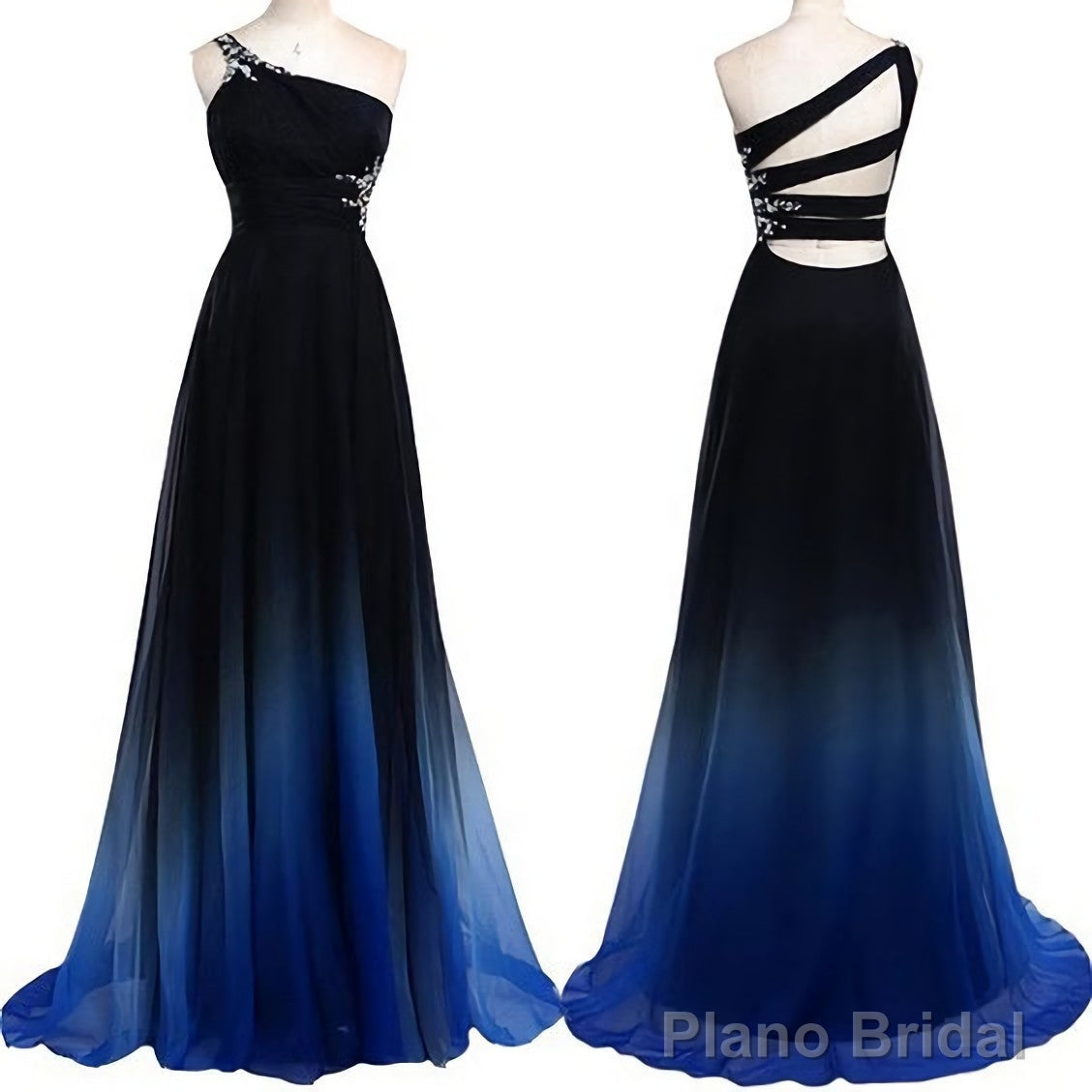 One Shoulder Navy Blue Royal Blue Ombre Gradient Color Chiffon Long Ombre For Sweet 16 Prom Dresses Main image
