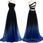 One Shoulder Navy Blue Royal Blue Ombre Gradient Color Chiffon Long Ombre For Sweet 16 Formal Prom Dresses