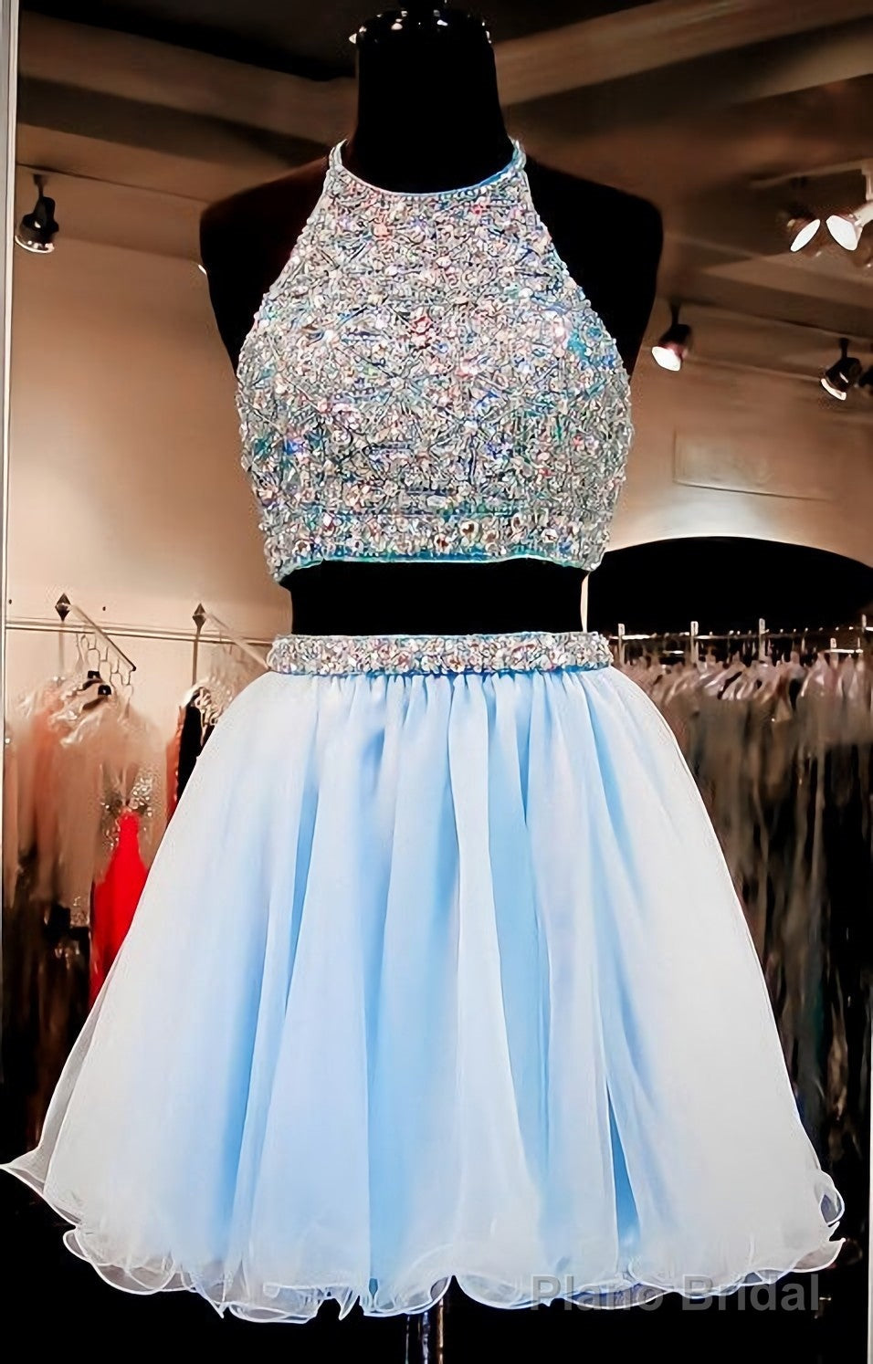 2025 Beautiful Short Two Pieces Light Sky Blue Halter Open Back For Teens Prom Dresses Main image