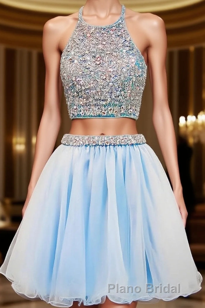 2024 Beautiful Short Two Pieces Light Sky Blue Halter Open Back For Teens Formal Prom Dresses