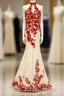 Charming Red Lace And Champagne Tulle Halter Elegant Sparkly Formal Prom Dresses