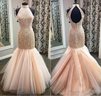 Champagne Mermaid Tulle Beading Mermaid Backless Prom Dresses With Beading For Teens
