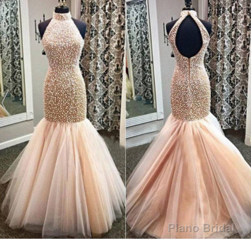 Champagne Mermaid Tulle Beading Mermaid Backless Prom Dresses With Beading For Teens Main image