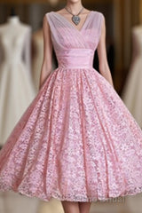 V Neck Lace High Low A Line Vintage Cheap Cute Short Formal Prom Dresses