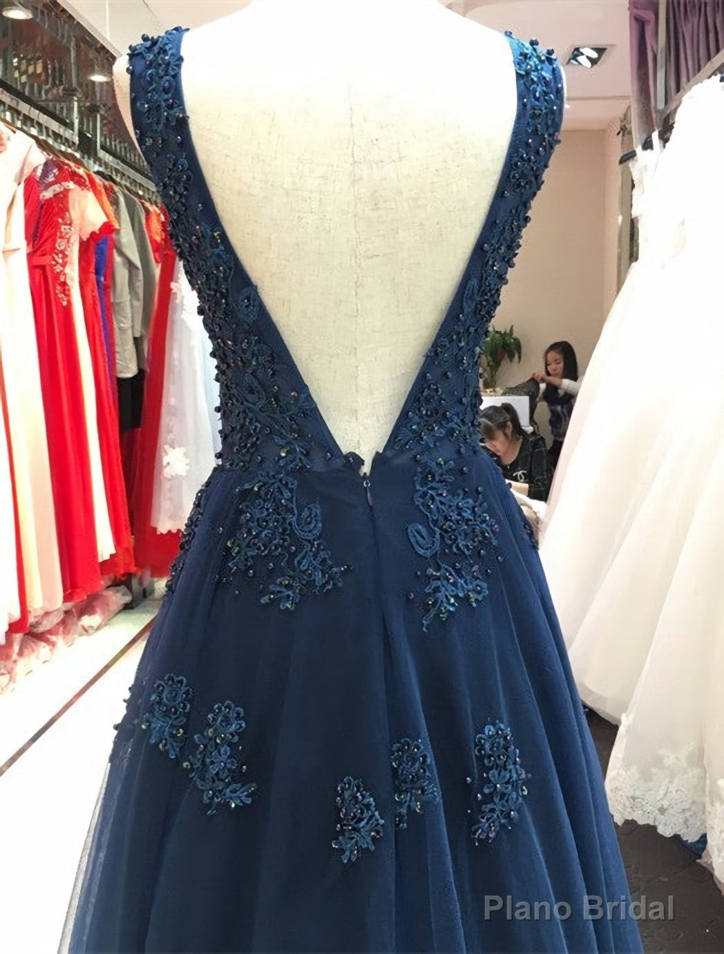 Elegant Navy Blue Tulle Backless Floor Length Prom Dresses, Party Gowns Evening Dresses, Navy Blue Formal Dresses Secondary image