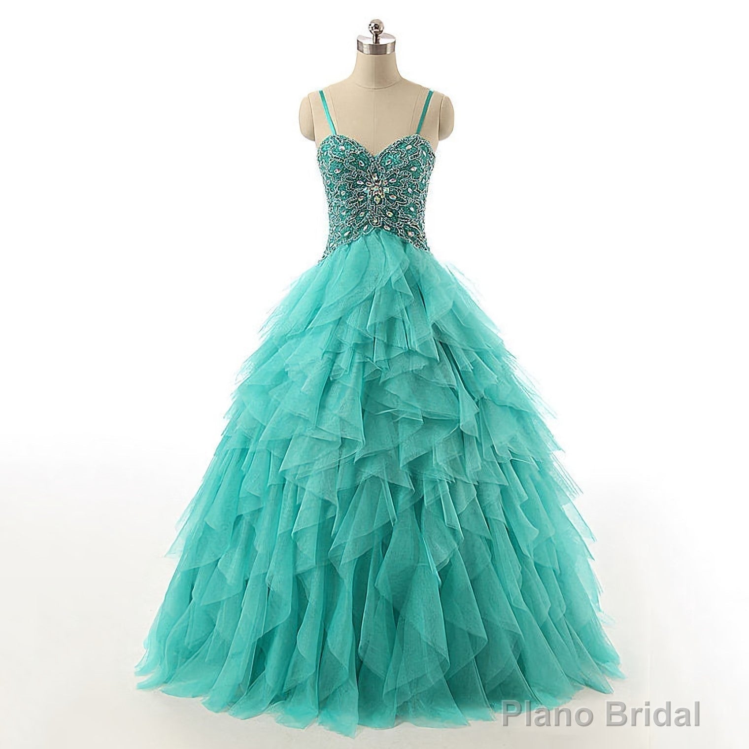 Spaghetti Straps Lace Up Beaded Long Prom Dress, Crystal Turquoise Ball Gown Prom Dress, Cascading Ruffles Tulle Prom Dress Secondary image