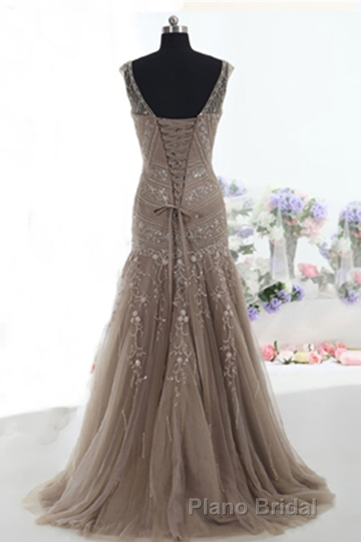Mermaid Lace Up Brown Tulle Modest Beading V Neck Formal Prom Dresses Secondary image