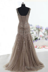 Mermaid Lace Up Brown Tulle Modest Beading V Neck Formal Prom Dresses